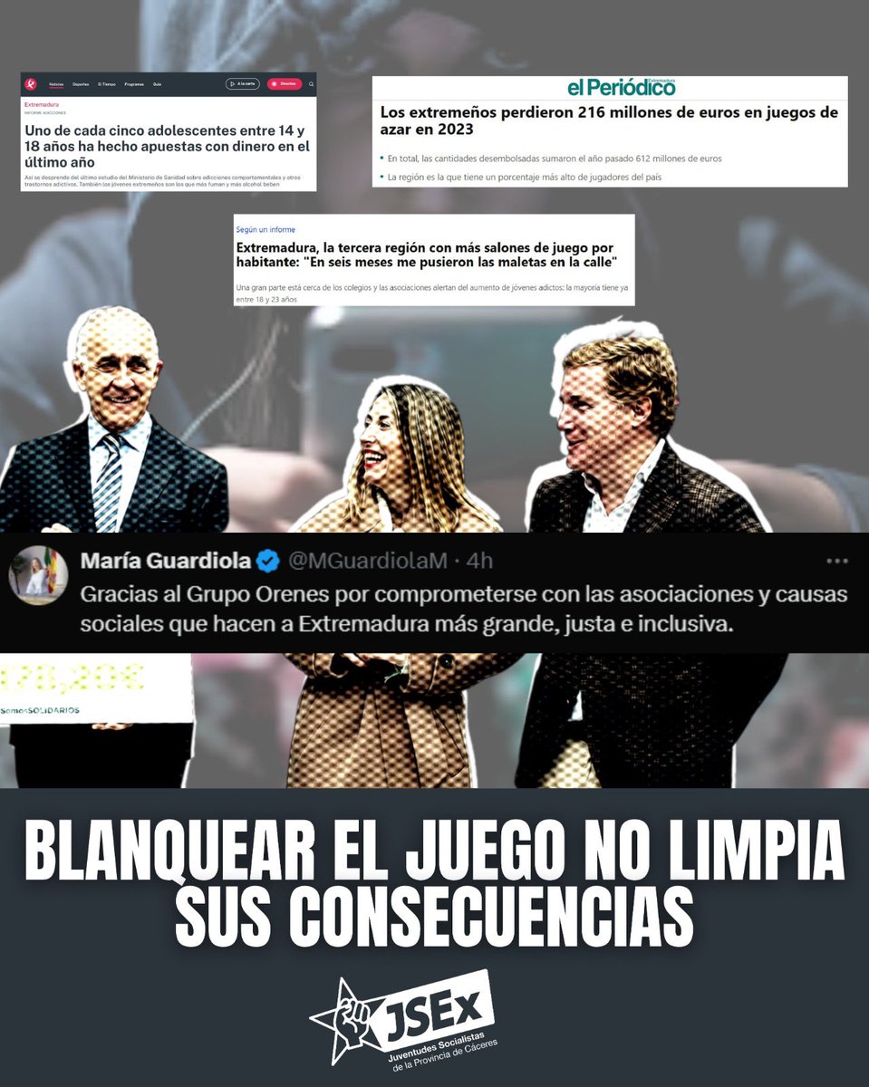 Extremadura, entre las regiones con más salones de juego por habitante. 

El 12% de los jóvenes que apuestan online desarrollan problemas con el juego. Mientras, María Guardiola agradece al Grupo Orenes su “compromiso social”.

El daño social no se tapa con marketing.