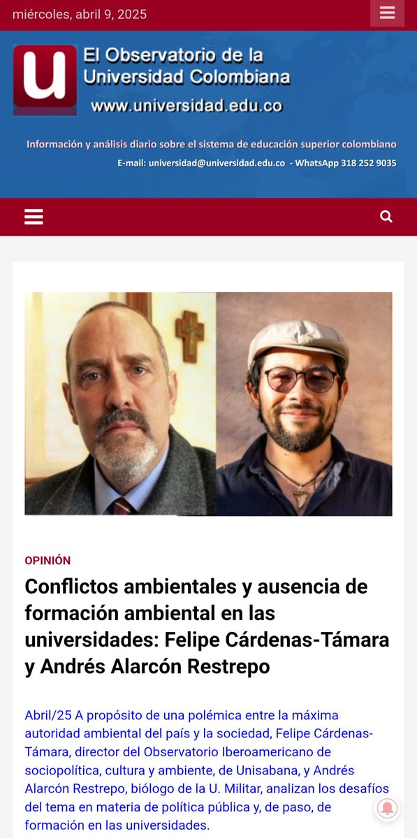 Importante publicación del Observatorio de la Universidad Colombiana <a href="/Universidadcol/">Observatorio de la U. Colombiana</a>:
universidad.edu.co/conflictos-amb…

En este artículo Felipe Cárdenas-Támara: <a href="/felipecardetama/">Felipe Cárdenas T.</a>, Director del Observatorio Iberoamericano de Sociopolítica, Cultura y Ambiente, de <a href="/unisabana/">Universidad de La Sabana</a>, y Andrés Alarcón