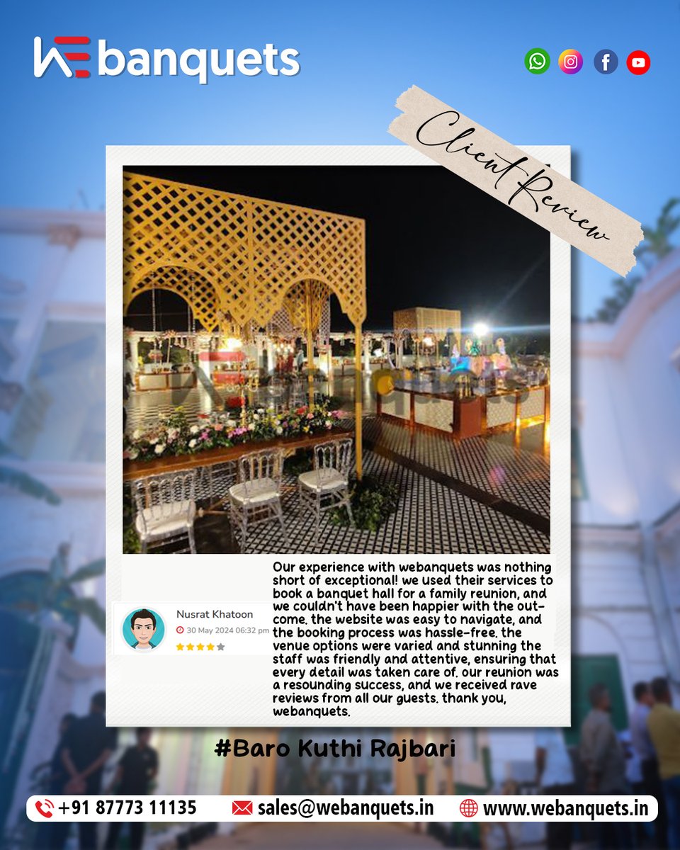 webanquetsin's tweet photo. Client Diaries | Real Experiences, Royal Celebrations!
Here’s what Nusrat Khatoon had to say about her experience with Webanquets – seamless booking, stunning venue, and impeccable service! 
🔗 https://t.co/0CyvOfVlaq https://t.co/OAExCAMxkj