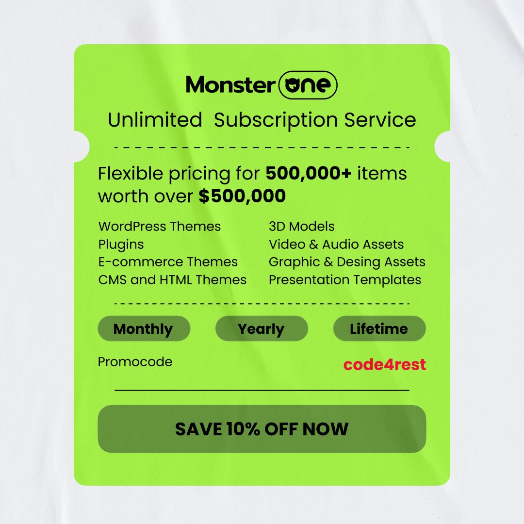 Code4rest's tweet image. 💌 Special Offer – 33% OFF:
Monthly Plan – $39 instead of $59
Yearly Plan – $149 instead of $199
Lifetime Plan – $449 instead of $749
Get an extra 10% OFF on all MonsterONE plans using the promo code [code4rest] at checkout!
🔗 Explore MonsterONE now: monsterone.com/pricing/?disco…