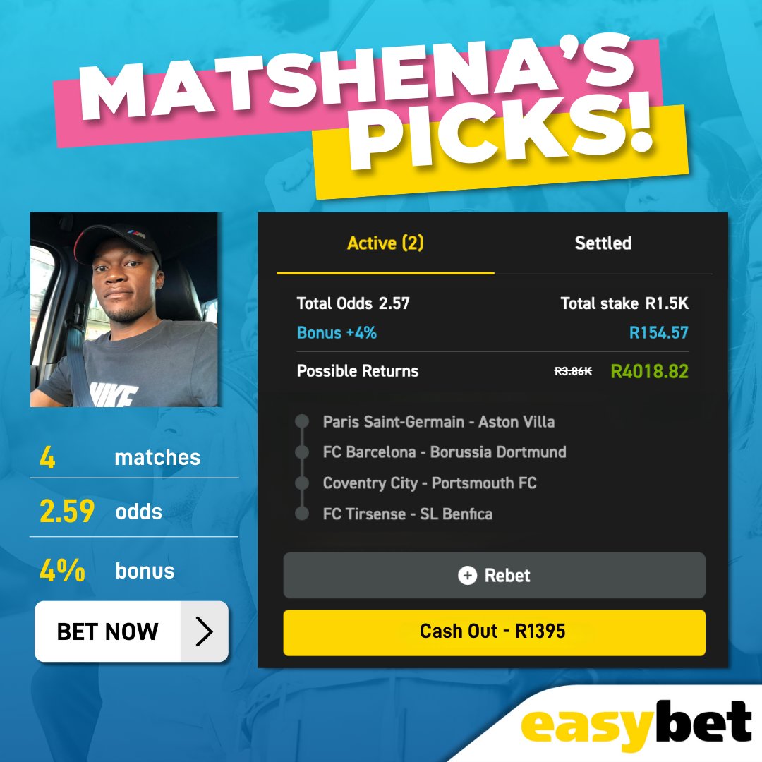 Easybet_SA's tweet photo. 🔥💥 Ready for this week’s #EasyTip? @Ngamla27 is going all in! 💥🔥
📊 Total Odds: 2.59
⏰ Kick-off: 21:00
🎟️ Bet Code: 03-165837
Think you’ve got what it takes to make this one pay off? 🧠💸
👉 Bet now: https://t.co/t4jVdoUZoS
#EasyPicks #EasyWin https://t.co/OGwY4sAdlG