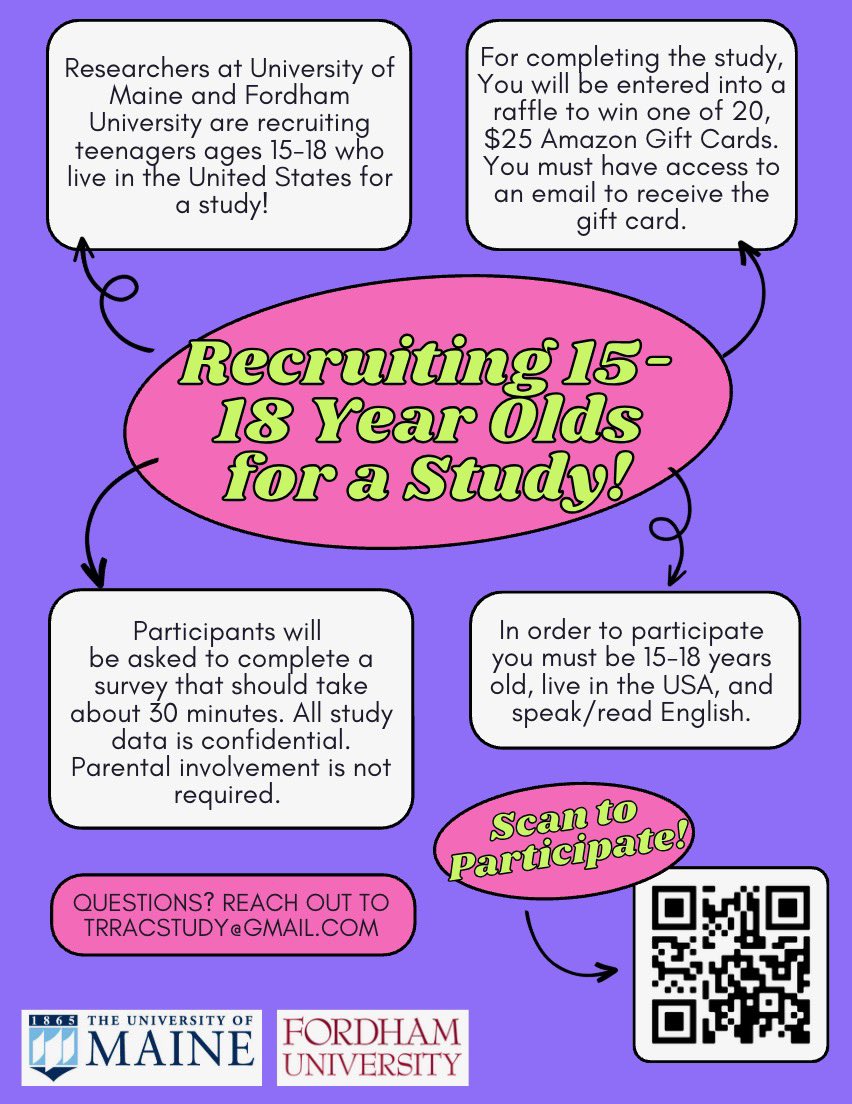 FordhamTRRAC's tweet photo. Fordham &amp; UMaine Clinical Psychologists looking for help finding 15-18 year olds interested in participating in an online research study! In return, you'll be entered into a raffle for a chance to win a $25 gift card! 

Link to participate: https://t.co/Ogp5onHqEG https://t.co/qPCTyjVDb5