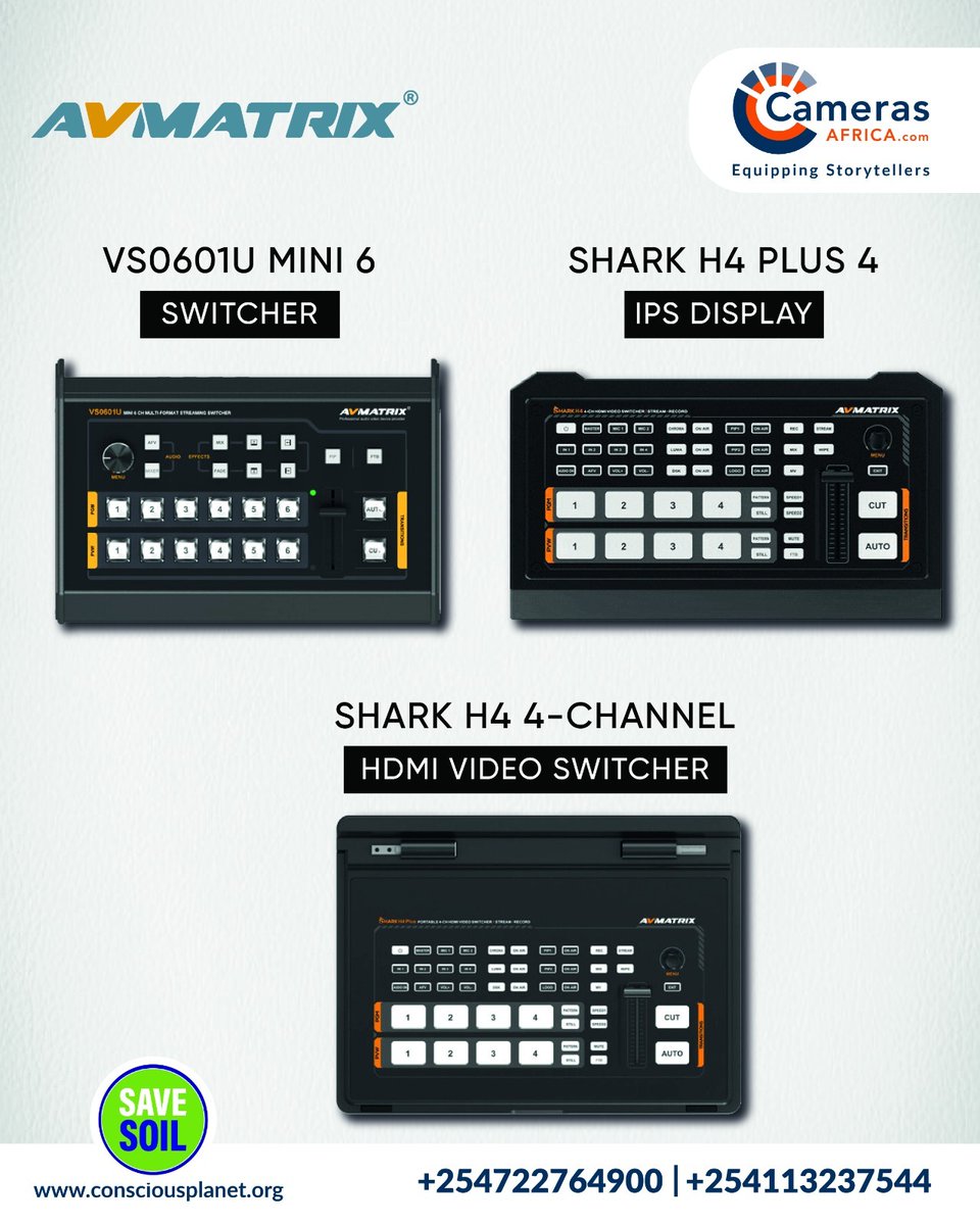 CamerasAfrica's tweet image. 🎬 Dive into seamless switching with Avmatrix Mini 6, H4 Plus, &amp;amp; H4! Perfect for live streams &amp;amp; events. Capture every moment flawlessly. Level up your production with Camera Africa's top picks!✨ #Avmatrix #VideoSwitching #LiveProduction #CamerasAfrica #TechGear #BroadcastTools