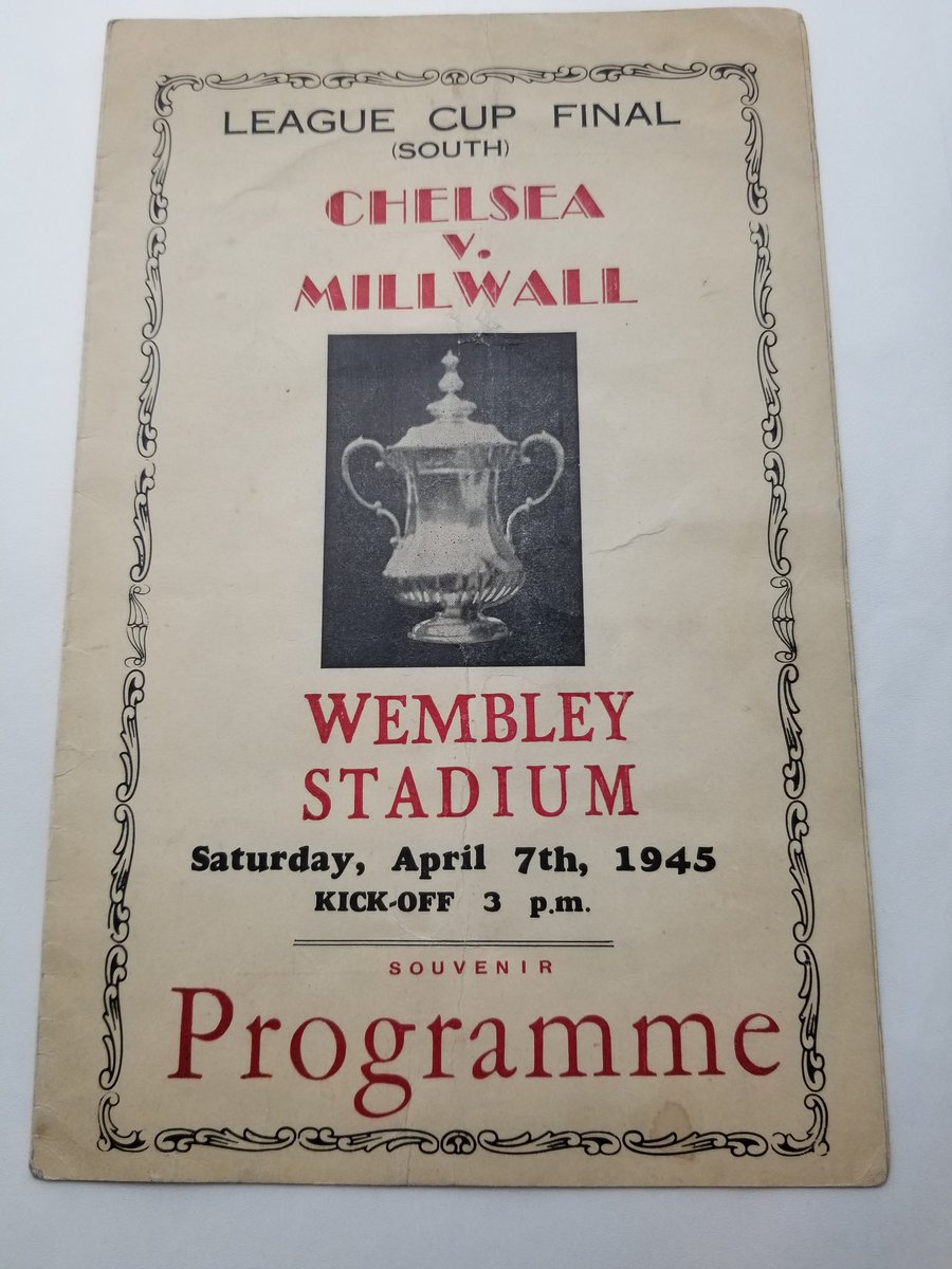 MillwallMuseum's tweet photo. League cup final (South) Chelsea Vs Millwall at Wembley stadium, Saturday April 7th 1945. With Chelsea winning 2-0. This is a pirated programme sold on the day and possibly rarer than an official copy #MillwallMuseum ๐๐ฆ https://t.co/JXRDZamnm6