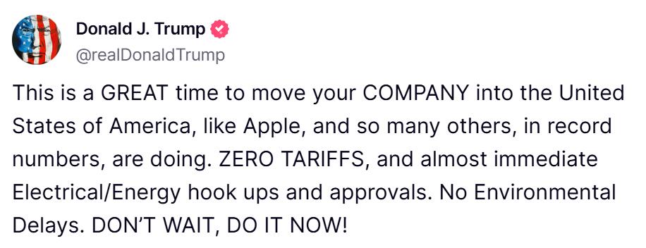 trumpchinese1's tweet photo. 现在是将你的公司迁入美国的绝佳时机，就像苹果公司以及许多其他公司正在做的那样，数量创历史新高。零关税，几乎立即获得电力/能源连接和批准。无环境延误。不要等待，现在就做！ https://t.co/9UsDeWqn2v