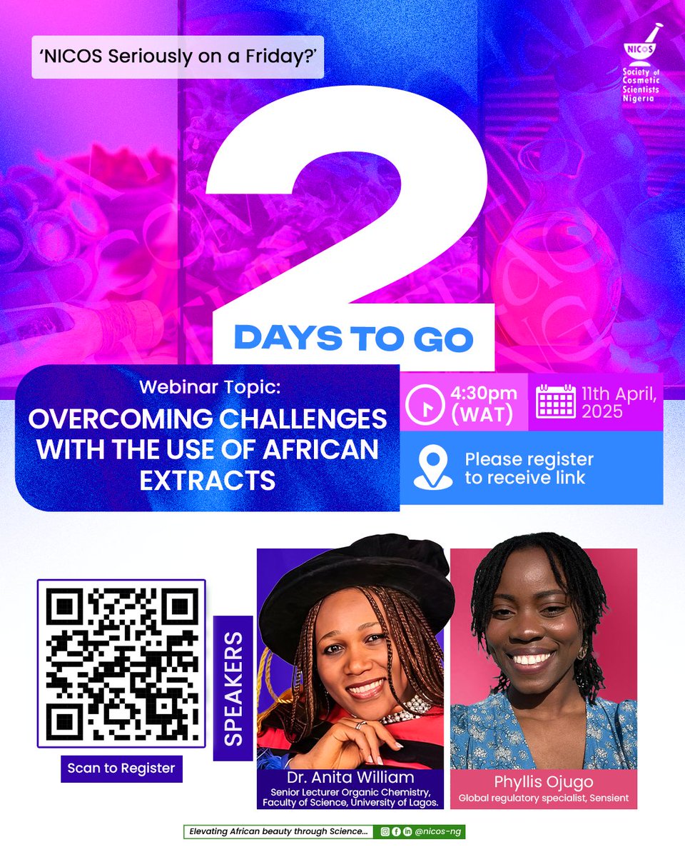 The countdown is heating up!  
Join us this Friday for NICOS Seriously on a Friday Webinar as we dive into Overcoming Challenges with African Extracts in cosmetic science.  
Gain insights that could elevate your formulations!  
Register now via this link: tix.africa/nicosdiscussaf…
