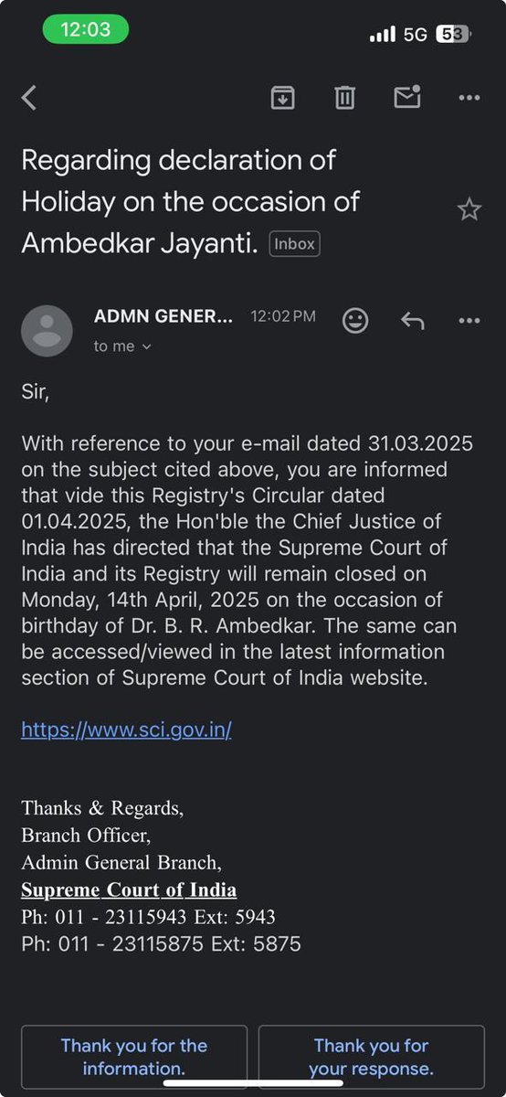 Hari Shankar Jain (@adv_hsjain) on Twitter photo Victory for Justice!
Following the request by me to the Hon’ble CJI, the Supreme Court of India has declared 14 April as a holiday on the occasion of Ambedkar Jayanti. ✊🏽
Baba Saheb’s legacy lives on. 🙏🏽
<a href="/Vishnu_Jain1/">Vishnu Shankar Jain</a> <a href="/AdvParthYadav/">Parth Yadav 🇮🇳</a> <a href="/munjal_mani/">Adv. Mani Munjal 🚩</a>
#AmbedkarJayanti #SupremeCourt Victory for Justice!
Following the request by me to the Hon’ble CJI, the Supreme Court of India has declared 14 April as a holiday on the occasion of Ambedkar Jayanti. ✊🏽
Baba Saheb’s legacy lives on. 🙏🏽
<a href="/Vishnu_Jain1/">Vishnu Shankar Jain</a> <a href="/AdvParthYadav/">Parth Yadav 🇮🇳</a> <a href="/munjal_mani/">Adv. Mani Munjal 🚩</a>
#AmbedkarJayanti #SupremeCourt