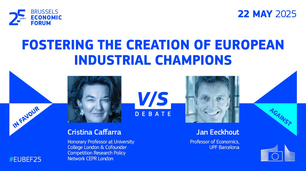 EU Economy & Finance (@ecfin) on Twitter photo Should we foster the creation of European industrial champions? Donโt miss the debate with
โก๏ธ<a href="/Caffar3Cristina/">Cristina Caffarra</a> speaking for and
โฌ
๏ธ<a href="/jan_eeckhout/">Jan Eeckhout</a> speaking against it at the Brussels Economic Forum!
Join #EUBEF25 on 22 May to share your views!
๐ec.europa.eu/bef Should we foster the creation of European industrial champions? Donโt miss the debate with
โก๏ธ<a href="/Caffar3Cristina/">Cristina Caffarra</a> speaking for and
โฌ
๏ธ<a href="/jan_eeckhout/">Jan Eeckhout</a> speaking against it at the Brussels Economic Forum!
Join #EUBEF25 on 22 May to share your views!
๐ec.europa.eu/bef
