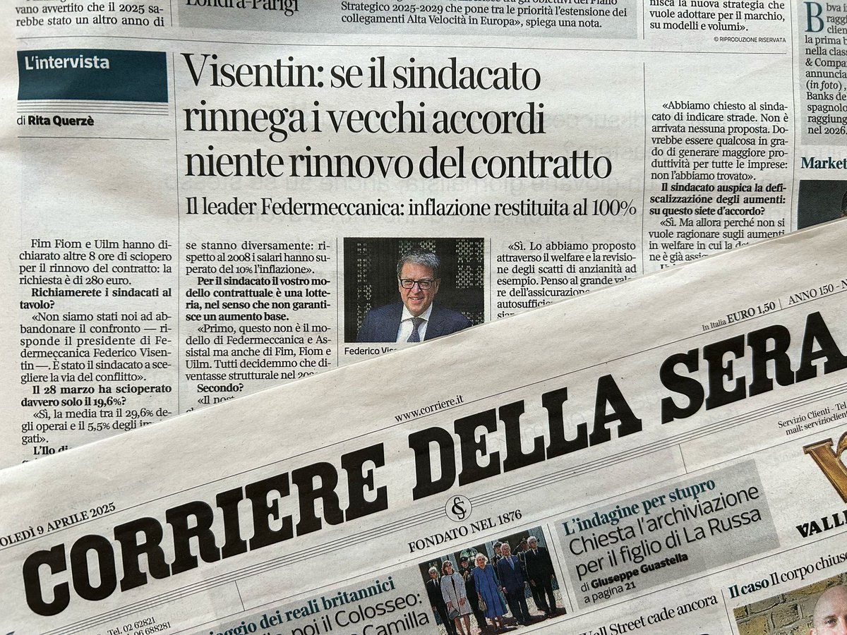 Federmeccanica's tweet photo. 🗞️In edicola oggi col @Corriere l'intervista del Presidente @fedvisentin:

🗣️ «Non siamo stati noi ad abbandonare il confronto, è stato il sindacato a scegliere la via del conflitto».

«Per i metalmeccanici, rispetto al 2008, i salari hanno superato del 10% l'inflazione».

«Il nostro è l'unico modello  che garantisce il recupero pieno dell'inflazione. Nell'ultima  tornata abbiamo pagato 310  euro».
