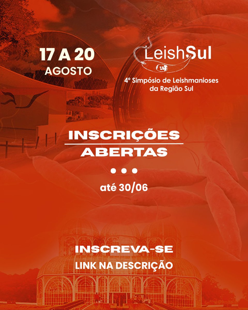 LeishSul's tweet photo. 📢 INSCRIÇÕES ABERTAS para o 4º LeishSul (17-20 de agosto)! Palestras com especialistas, avanços no controle e tratamento das leishmanioses e muito mais. Vagas limitadas! Não perca essa oportunidade. #LeishSul Inscrições: https://t.co/faVr5SFJEo https://t.co/tU0XcN17as
