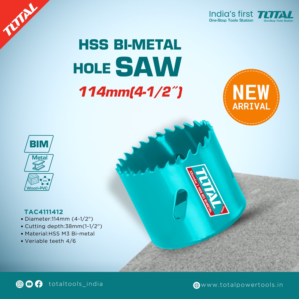 totaltoolsind's tweet image. 🔩 Smooth &amp;amp; Precise Hole Cutting! ⚙️
The Total HSS Bi-Metal Hole Saw (114mm, 4-1/2") is perfect for professional &amp;amp; DIY cutting!

✔️ Cuts through Metal, Wood &amp;amp; PVC
✔️ 38mm Cutting Depth

🛒 Order Now: totalpowertools.in
#TotalTools #HoleSaw #DIY #PowerTools