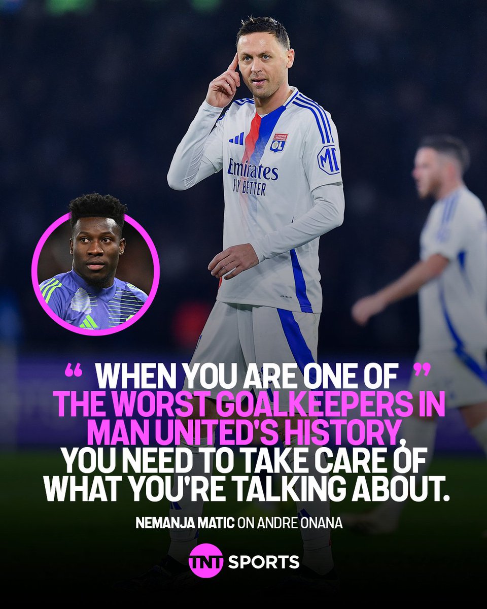 footballontnt's tweet photo. Nemanja Matic did not hold back when questioned about Andre Onana's comments that Man United are better than Lyon 😯 https://t.co/1YBTZcgpUc