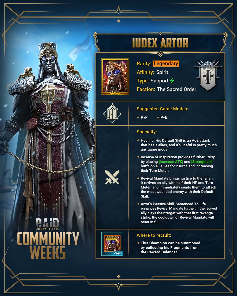 RaidRPG's tweet photo. 🔥Iudex Artor is a solid Support Champion with Skills that heal, buff, and even revive his teammates. The infographic below covers them all and provides a few basic tips on where this Champion will excel!
#RAID #RAIDShadowLegends #CommunityWeeks #Community #free #champion https://t.co/m7eElOk3GL