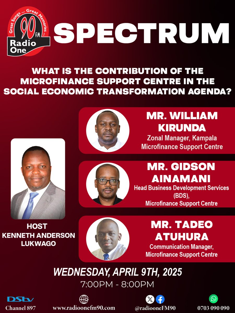 RadioOneFM90's tweet photo. "WHAT IS THE CONTRIBUTION OF THE MICROFINANCE SUPPORT CENTRE IN THE SOCIAL ECONOMIC TRANSFORMATION AGENDA?" - @KirundaWilliam @AGidson @AtuhuraTadeo 
Tonight, on Spectrum with @anderlukson 
@MSCuganda 
@mofpedU 
@pwatchug 
@Parliament_Ug 
@GovUganda 
#RadioOne #FM90 #SPECTRUM https://t.co/0pohSEIuiO