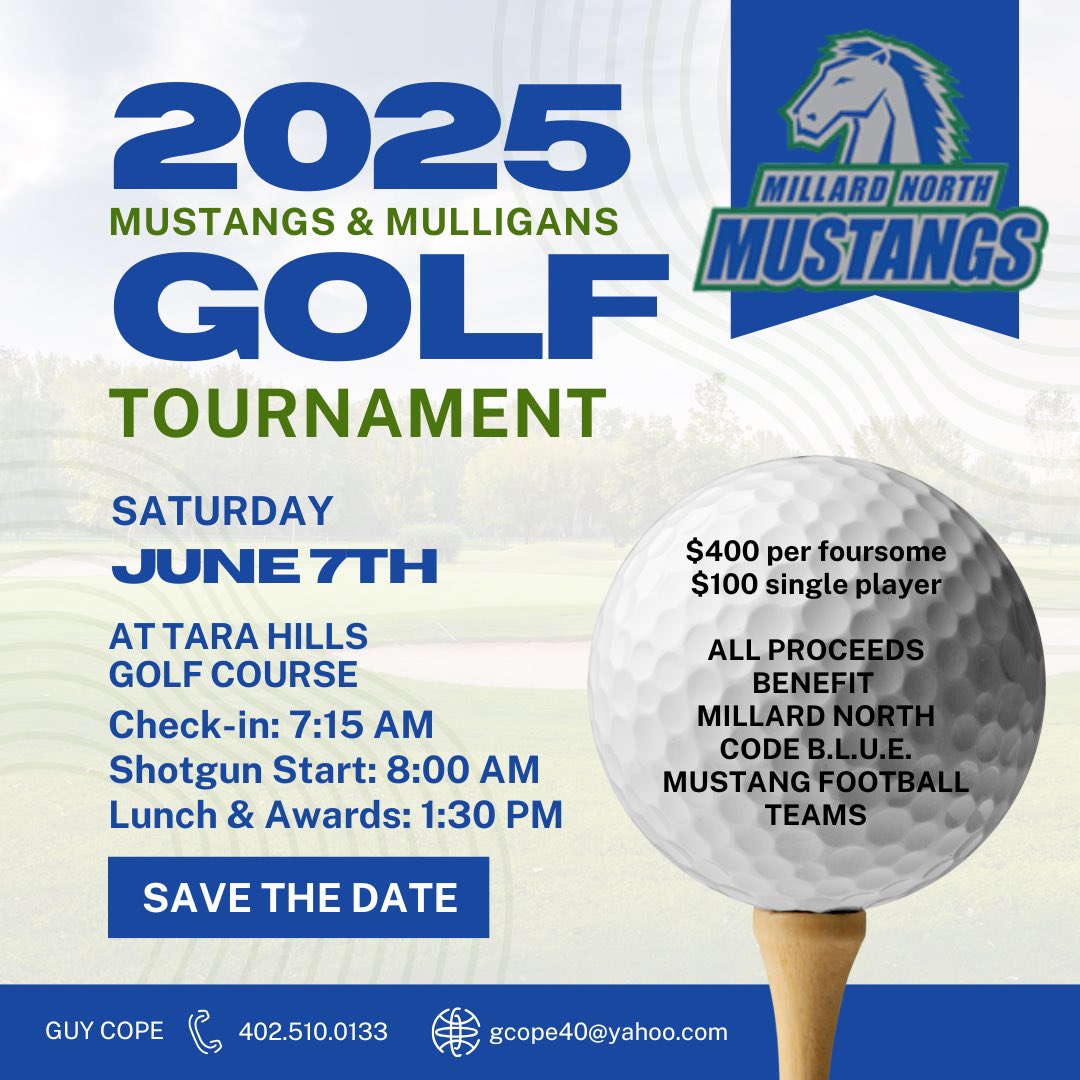 Save the date for the 2nd annual Mustangs and Mulligans golf fundraiser! More details to come for sponsorships and donations!  <a href="/MNHSActivities/">MNHS Activities</a> <a href="/MillardNorthFB/">Millard North⚡FB</a>