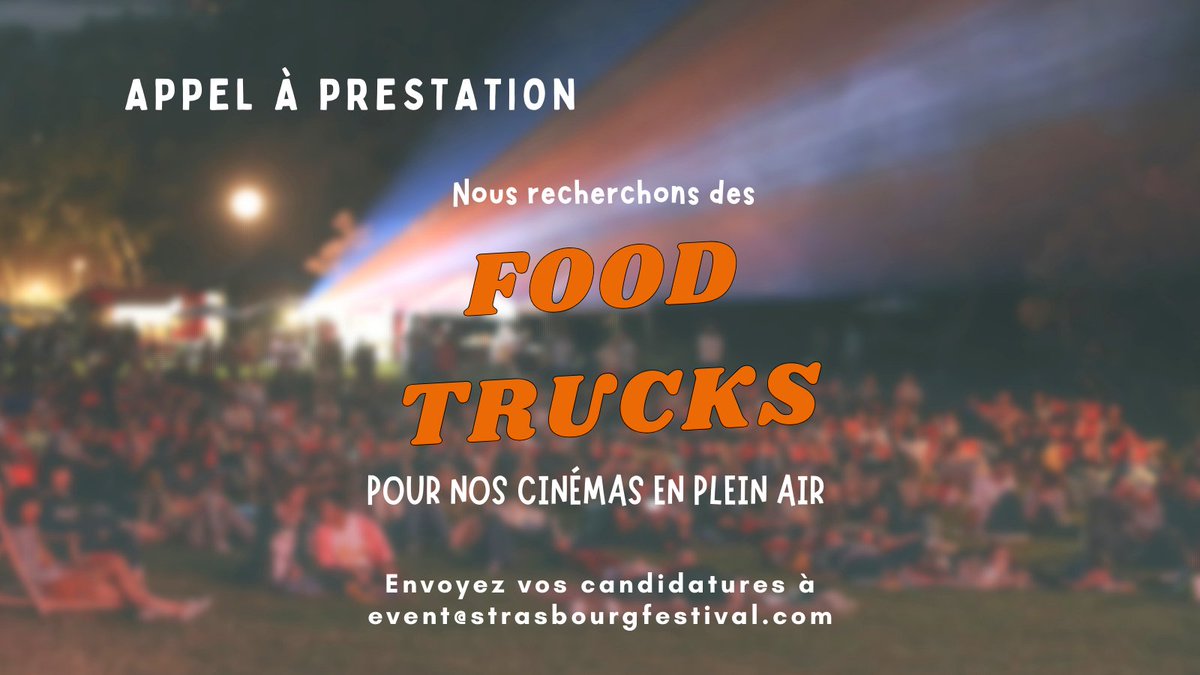 FEFFS - Strasbourg (@fantasticstras) on Twitter photo 🌟 APPEL À PRESTATION 🌟
Nous recherchons des food trucks pour nos séances de Ciné Plein Air estivales, organisées dans les parcs strasbourgeois de juillet à août 2025 ! 🥨
📩 Candidatures et infos : event@strasbourgfestival.com
#CinePleinAir #foodtrucks #LesFilmsDuSpectre 🌟 APPEL À PRESTATION 🌟
Nous recherchons des food trucks pour nos séances de Ciné Plein Air estivales, organisées dans les parcs strasbourgeois de juillet à août 2025 ! 🥨
📩 Candidatures et infos : event@strasbourgfestival.com
#CinePleinAir #foodtrucks #LesFilmsDuSpectre