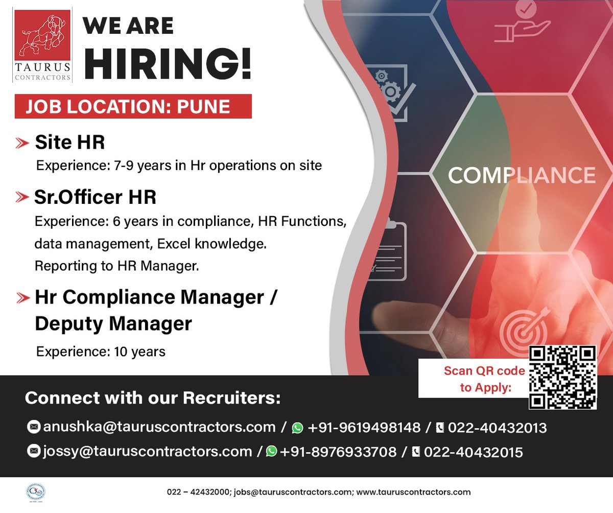 taurusonlinejob's tweet photo. Attention #jobseekers our clients are #nowhiring, for the fastest way to upload your #CV use the link https://t.co/0j5ege0qRo
#HiringNow #HRJobs #PuneJobs #JobOpening #HRRecruitment #HRCompliance #SiteHR #HRManagerJobs #DeputyManager #SrOfficerHR #TaurusContractors https://t.co/kfIYRJ0vch