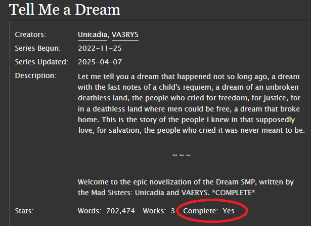 VA3RYN's tweet photo. The first novel retelling of the DREAM SMP to be completed! I'm thrilled to announce that every chapter of Tell Me a Dream is now posted and available to read on AO3! Link: https://t.co/VQn99CHRQc😊#dreamsmp #dsmp 

Happy Birthday Tommyinnit! https://t.co/BPitH0vqlk