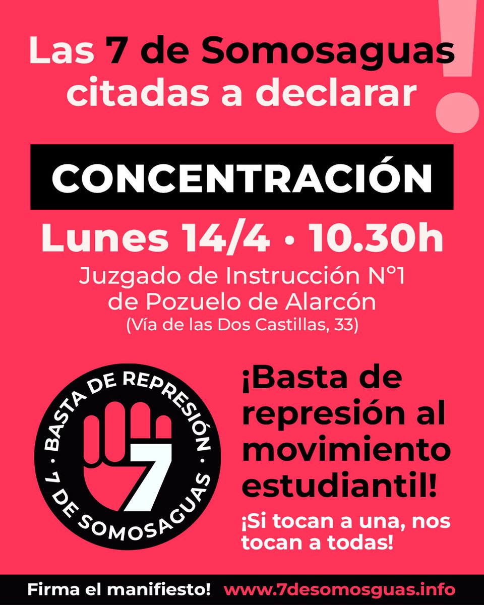 ❗Este lunes 14 hemos sido llamadas a declarar en el Juzgado. Llamamos a la solidaridad contra la represión al movimiento estudiantil.

📢¡Ven a la concentración! ¡Si tocan a una, nos tocan a todas!