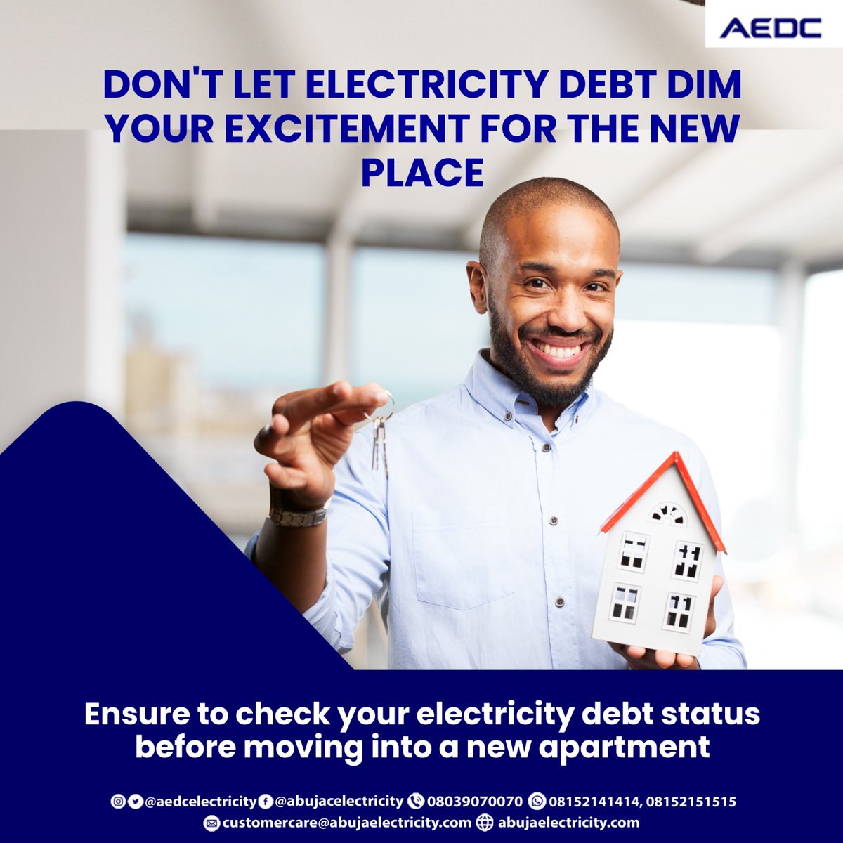 aedcelectricity's tweet photo. New Home, No Surprises!
Visit https://t.co/wggfVYT2qc to avoid inherited bills and disconnection.
#infocheck
#StayUpdated
#PowerofCommitment https://t.co/NFrIm9wbCM