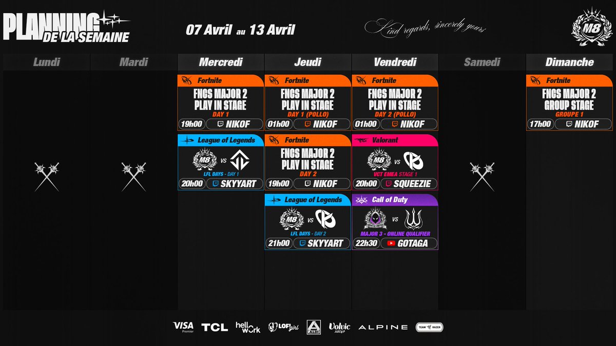 27backflip's tweet photo. RT @gentlemates: Le nouveau planning est arrivé AVEC les horaires des FNCS aux US !!! #M8WIN https://t.co/T79k3xtQjP