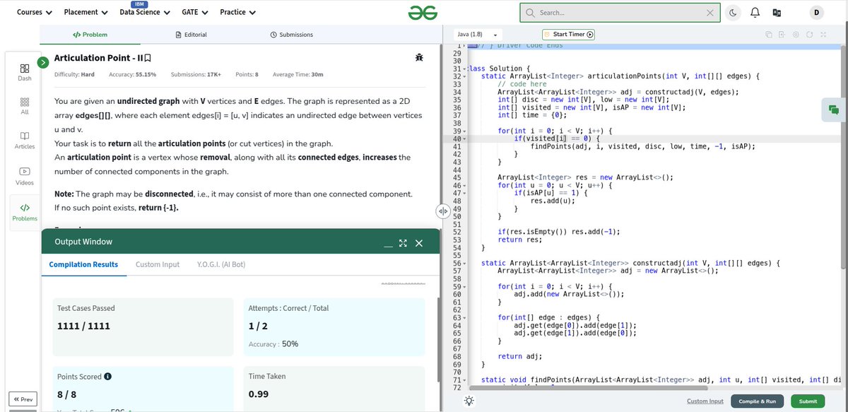 hi__dev__'s tweet image. Day-139 of #gfg160 and #geekstreak2024  
Today, I solved the problem of &quot;Articulation Point - II.&quot;
@geeksforgeeks