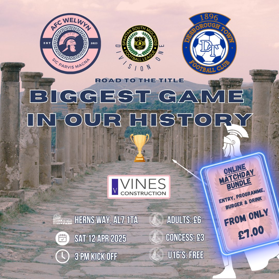 AFC Welwyn (@afc_welwyn) on Twitter photo ⚽️ Get ready for a battle!! ⚽️
This Saturday, we host league leaders <a href="/desboroughfc/">Desborough Town FC</a> in a thrilling Spartan South Midlands League Divison One clash that could shape the outcome for the title. Don't miss the action at Herns Way, Welwyn Garden City on Sat 12th April, with KO at 3pm! ⚽️ Get ready for a battle!! ⚽️
This Saturday, we host league leaders <a href="/desboroughfc/">Desborough Town FC</a> in a thrilling Spartan South Midlands League Divison One clash that could shape the outcome for the title. Don't miss the action at Herns Way, Welwyn Garden City on Sat 12th April, with KO at 3pm!