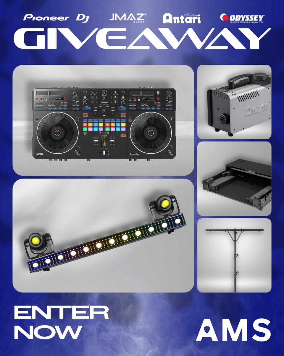 AmericanMusical's tweet photo. An incredible gear package for DJ's who want to perform live. Upgrade your DJ rig with the @PioneerDJ #DDJREV5 #DJcontroller, @JMAZLighting #VersaFlexBar, @AntariOfficial #FogMachine, &amp; an @Odyssey_Gear Flight Case &amp; Lighting truss!

Enter here: https://t.co/UYZBhIeDvx https://t.co/y7f0TIom8d