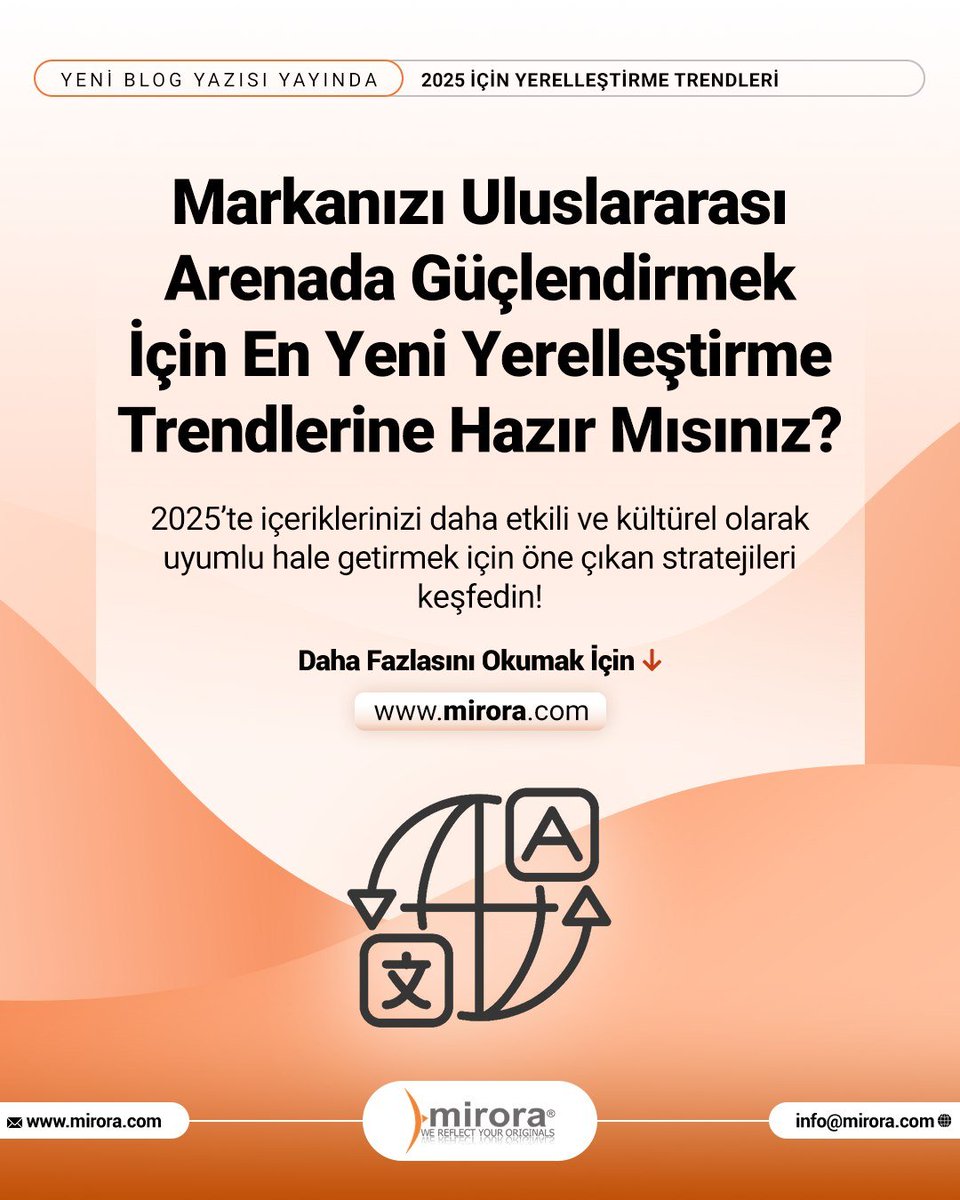 Dijital çağda markanızın sınırları aşıp uluslararası pazarlarda başarılı olması için doğru yerelleştirme şart! Peki, 2025'te bizi hangi trendler bekliyor?

Geleceğin yerelleştirme stratejilerini keşfetmek için:

mirora.com/tr/2025-icin-y…

#çeviri #sözlüçeviri #yazılıçeviri #mirora