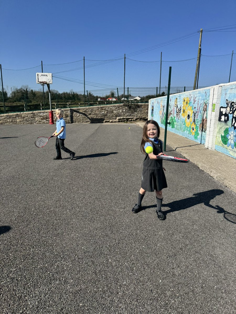 We had lovely weather today for practising our tennis skills 🎾 Thank you to our past pupil Ellis for leading these sessions with the children today. They thoroughly enjoyed it ☀️ <a href="/ActiveFlag/">Active School Flag</a> <a href="/HsehealthW/">HSE Health & Wellbeing</a>