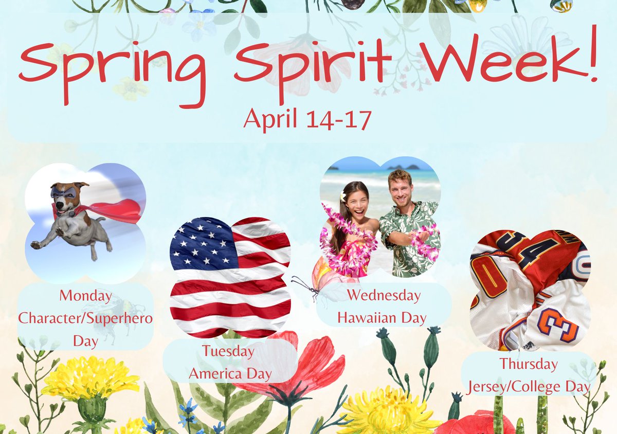 ParkwoodHSNC's tweet photo. 🌸🎉 Spring Spirit Week is almost here! Join Student Council April 14-17 for themed dress-up days! 

🦸 Mon: Character/Superhero 
🗽 Tue: America
🌺 Wed: Hawaiian
🏈 Thu: Jersey/College

Show your #PackPride! 🐺💙 #SpringSpiritWeek #PWHSFun @AGHoulihan @UCPSNC https://t.co/57K6e3gAKG