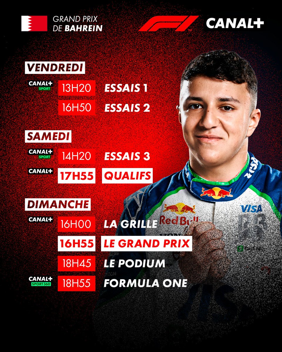 CanalplusF1's tweet photo. Le programme de votre week-end F1 à Bahreïn 🇧🇭

Un pronostic ?

#F1 #BahreinGP https://t.co/VSjjxiZcf5