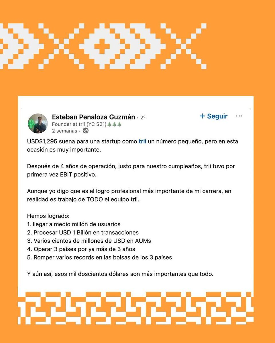 Para #trii 🇨🇴🇨🇱🇵🇪
¡ESTE ES UN LOGRO IMPORTANTE!

Llegar a punto de equilibrio es algo significativo para nosotros, y este gran logro es el resultado de todo el trabajo a lo largo de estos 4 años.

Esto es posible gracias a ti, que inviertes en trii y crees en este sueño de