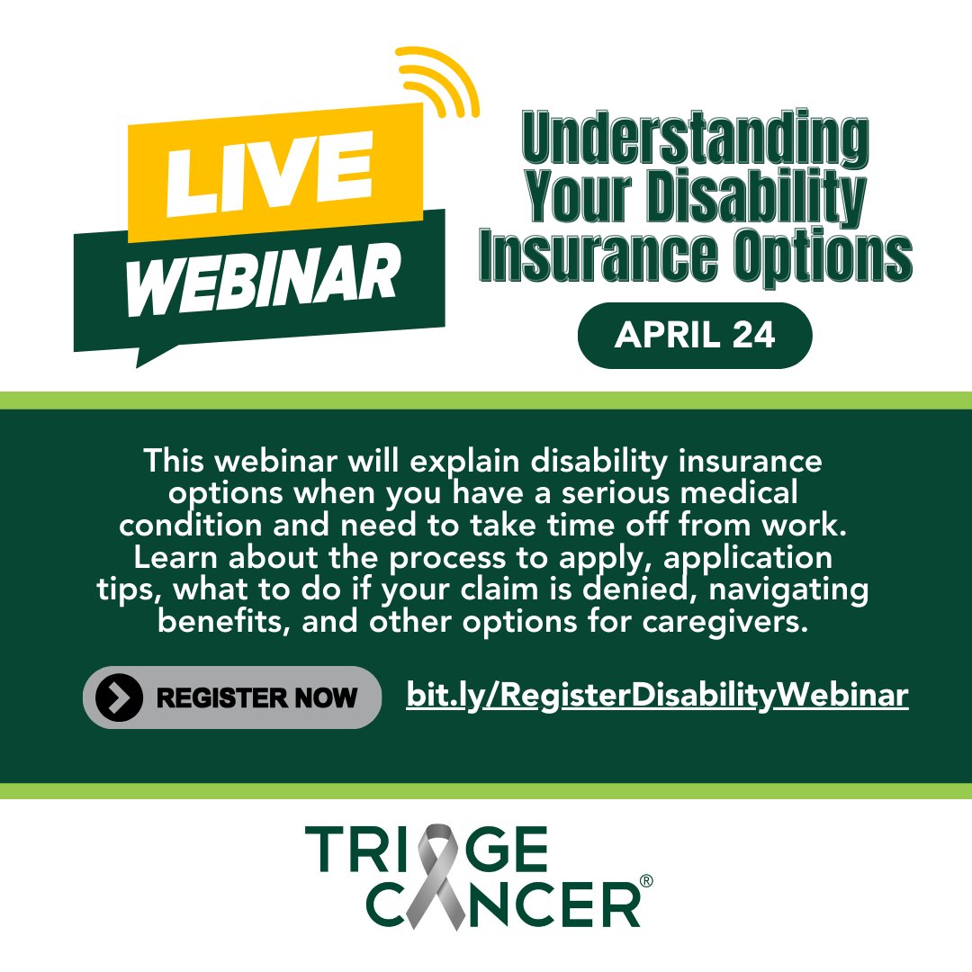 liposarcoma_sn's tweet photo. Need help with disability insurance? Join Triage Cancer’s webinar, “Understanding Your Disability Insurance Options,” for expert tips on applying, appeals & caregiver support. https://t.co/Addsj5r3OS #UnitingHope #InspiringStrength #PatientAdvocacy @TriageCancer https://t.co/2G3tE8iEXF