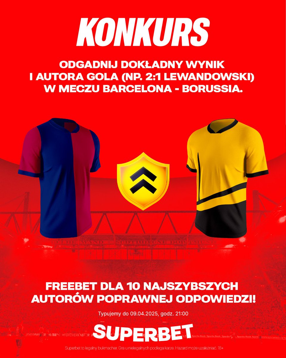 #KONKURS!  Wytypuj w odpowiedziach dokładny wynik oraz autora gola ⚽️ w meczu Ligi Mistrzów: Barcelona - Borussia i zgarnij freebet! #BarçaBVB
-- 
✅ Zaobserwuj <a href="/SuperbetPL/">Superbet</a>
❤️ Polub wpis i 🔄 podaj go dalej 
👤 Dodaj nick z Superbet 
🎁 Nagroda = FREEBET 50 PLN

#UCL #bukmacherzy