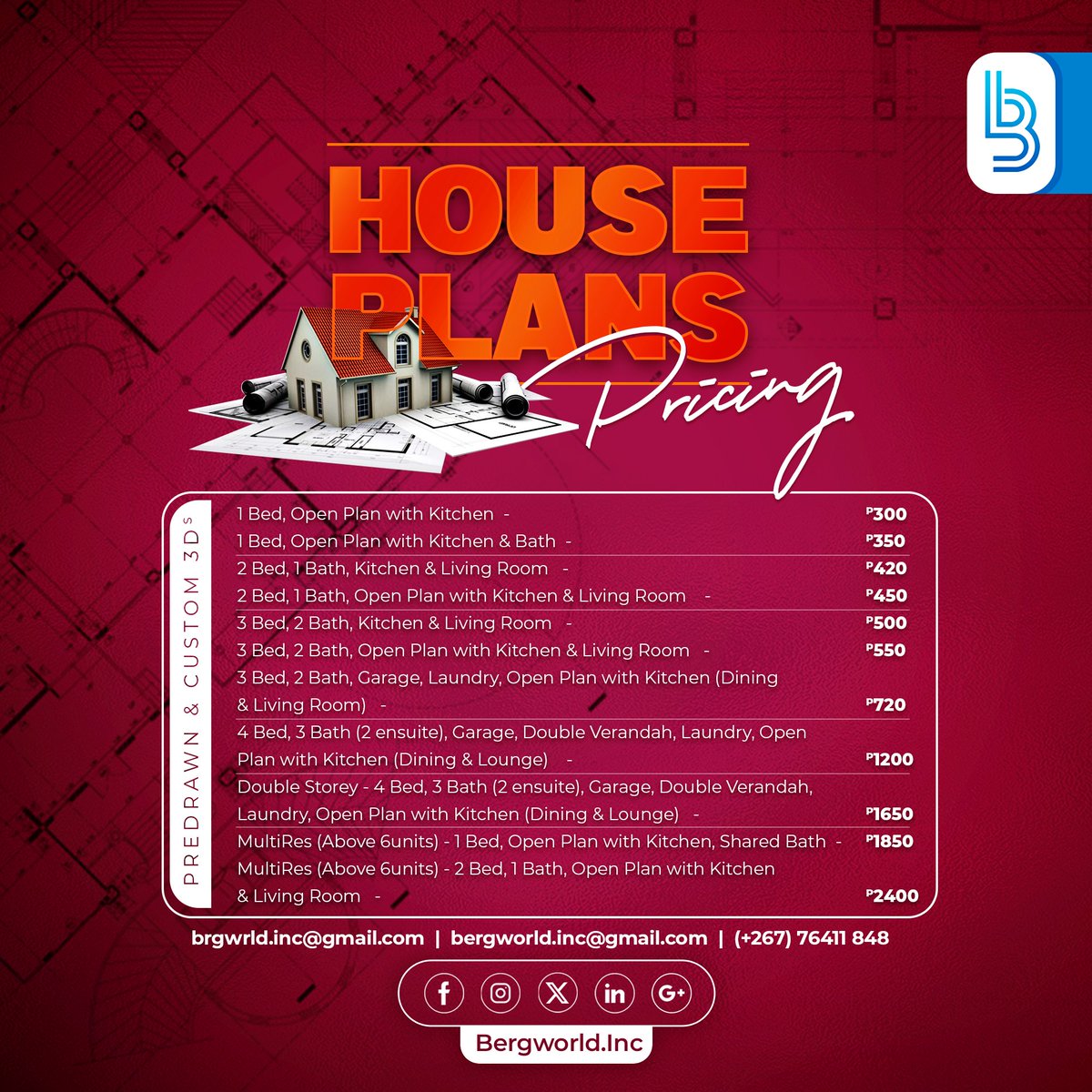 BergworldInc's tweet image. Good day, folks.🫶🫶 This will be our price list henceforth, do share it with your friends &amp;amp; colleagues:

#SupportLocalBW
#GraphicDesignServices
#PushaBW
#HousePlanServices