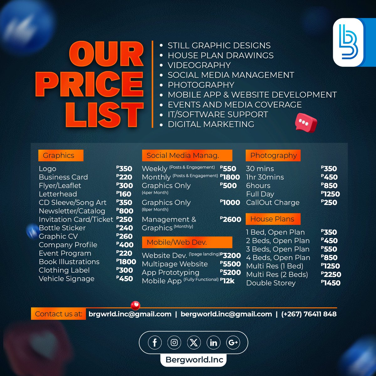 BergworldInc's tweet image. Good day, folks.🫶🫶 This will be our price list henceforth, do share it with your friends &amp;amp; colleagues:

#SupportLocalBW
#GraphicDesignServices
#PushaBW
#HousePlanServices
