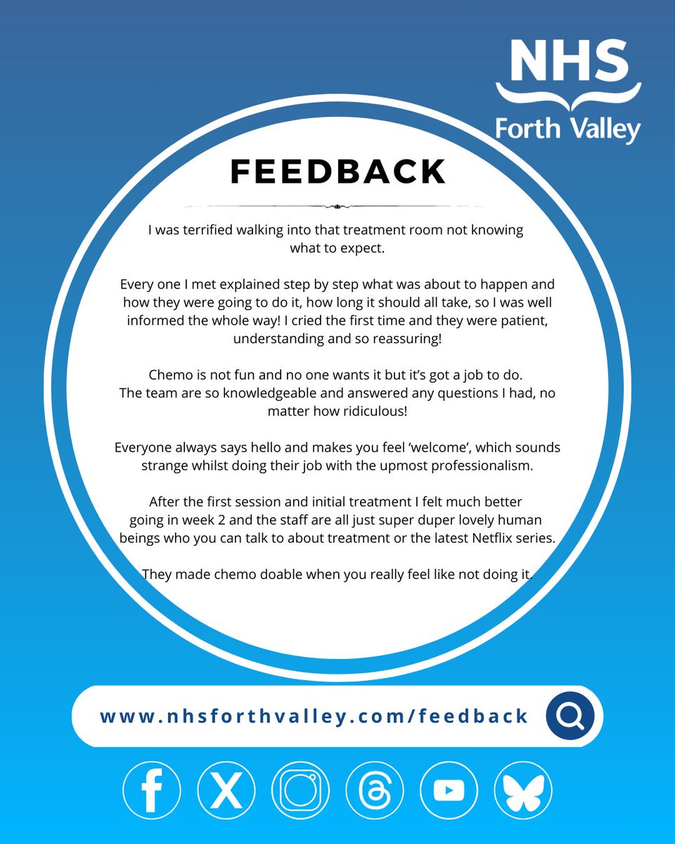 NHSForthValley's tweet photo. It's #FeedbackFriday!

This week comes via Care Opinion for our Oncology Team. Well done to everyone involved #teamNHSFV 💙

https://t.co/dv70wJdZn2 https://t.co/tuG2pUuT94
