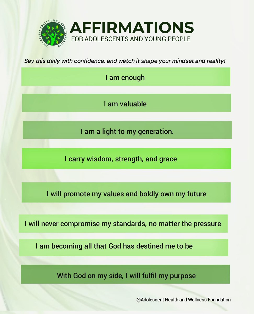adolescenthwf's tweet photo. On today's episode of Wednesday affirmations🥳🎊

What kinds of words do you speak to yourself ?

#iDeclare
#adolescente
#youth
#MentalHealth https://t.co/QCc1WBLDOx