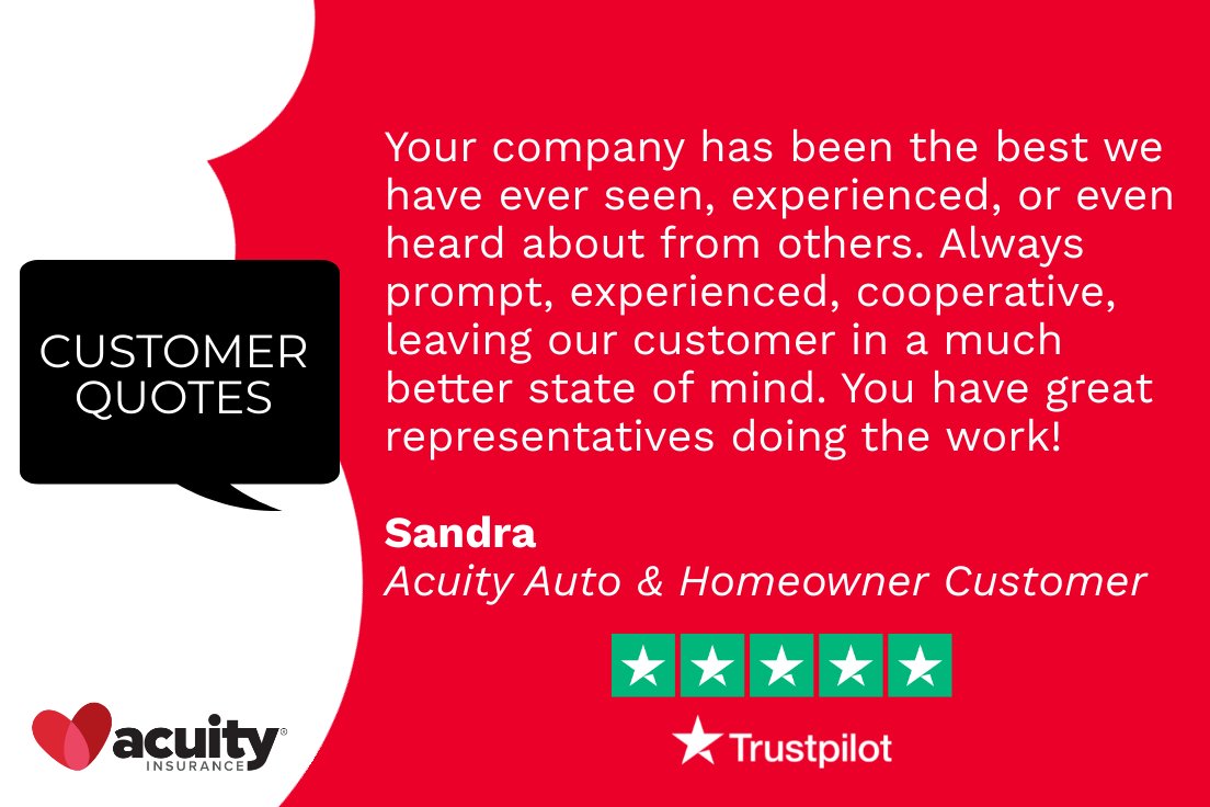 acuityinsurance's tweet photo. 🙌 Thank you, Sandra, for the kind words and for trusting Acuity with what matters most.
Want to see why our customers are raving about us? Learn more at https://t.co/ma9aAxYweZ
#AcuityInsurance #TrustpilotReview #CustomerAppreciation #AcuityAuto #AcuityHomeowners https://t.co/xYqilO3MTM