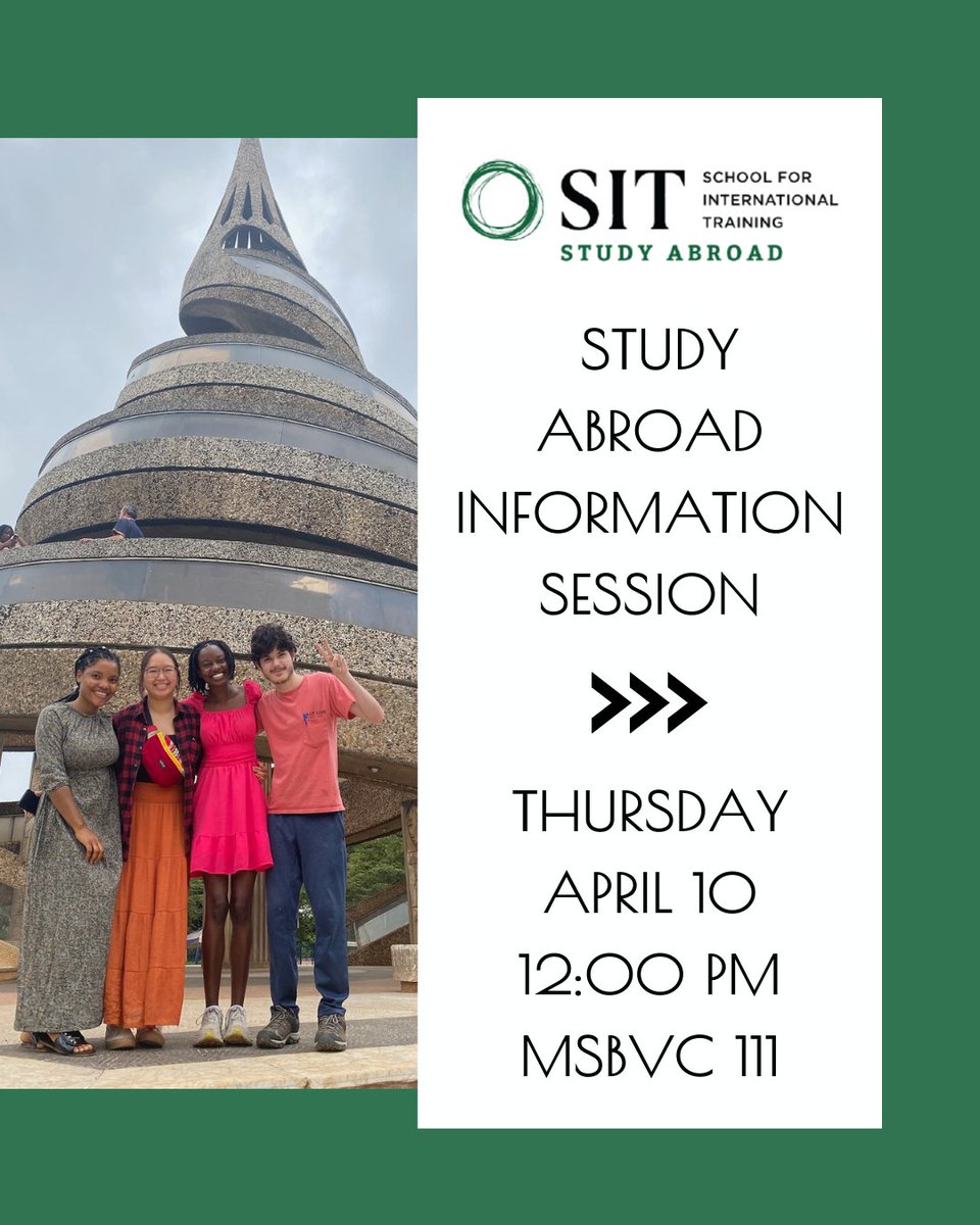 WocoStudyAbroad's tweet photo. Our partner, SIT will be on campus this Thursday to host an info session about their programs which are great for students interested in hands-on, experiential learning. SIT programs are interdisciplinary and welcome students from all academic interests and backgrounds. https://t.co/ugv7dkr5YB