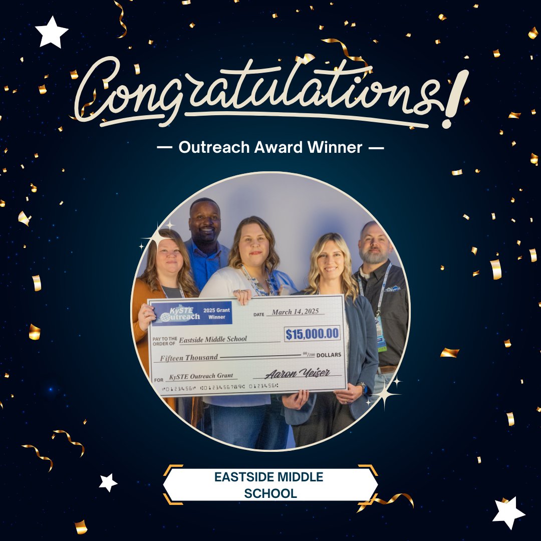 🎉 Congrats to @BCPSky - Eastside Middle School! They've won a $15k KySTE Outreach Grant for their project: 🔬🤝 "Exploring STEAM with Peer Buddies!" This initiative promotes collaboration &amp; inclusivity in learning. Huge thanks to our sponsors! 🚀👏 #KySTE #KAST