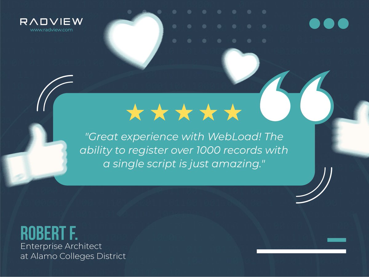 RadViewSoftware's tweet image. 💬 'Great experience with WebLoad! The ability to register over 1000 records with a single script is just amazing.' – Robert F, Enterprise Architect at Alamo Colleges District. 🚀 Experience seamless load testing with WebLoad by RadView! #LoadTesting #WebLOAD #Performance