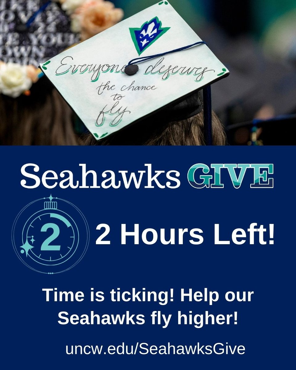 UNCWCOM's tweet photo. 2 hours left to join the tide! Your gifts matter, no matter the size, and we appreciate all the support given to #UNCWCOM during #SeahawksGive! https://t.co/Ni7CFvDLEb