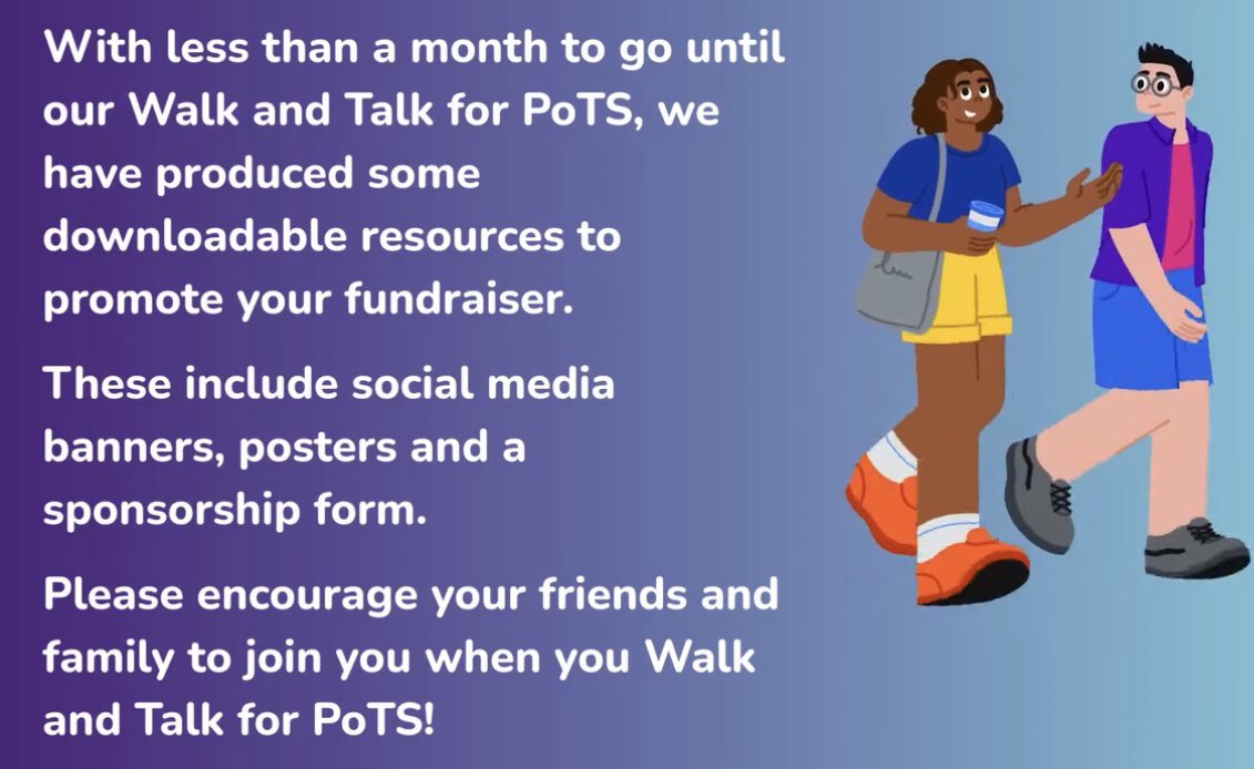 PoTS UK (@ukpots) on Twitter photo 1/4 Over the weekend of the 3rd-5th May we hope that you will take part and help raise awareness of #PoTS across the country 🚶👩🦽
Please download the resources from our Walk and Talk website page: potsuk.org/walk-and-talk-…
#WalkandTalkforPoTS 1/4 Over the weekend of the 3rd-5th May we hope that you will take part and help raise awareness of #PoTS across the country 🚶👩🦽
Please download the resources from our Walk and Talk website page: potsuk.org/walk-and-talk-…
#WalkandTalkforPoTS