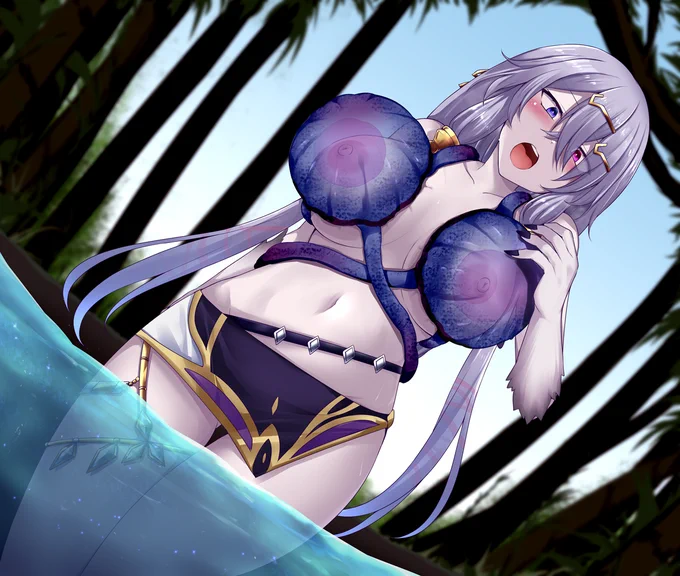 Skebにて、リラさんが水浴び中にクラゲ型の魔物に襲われてしまい、母乳を吸われながら絶頂してしまうシチュを描かせて頂きました! 