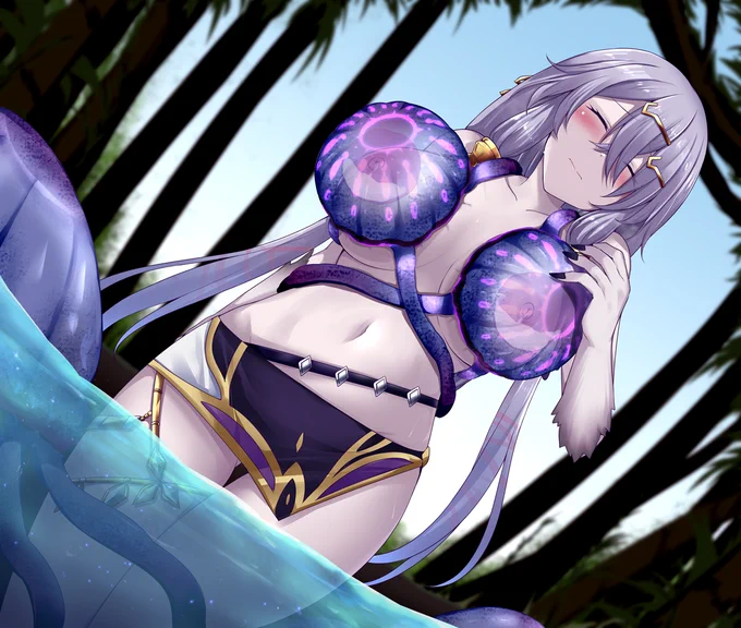 Skebにて、リラさんが水浴び中にクラゲ型の魔物に襲われてしまい、母乳を吸われながら絶頂してしまうシチュを描かせて頂きました! 