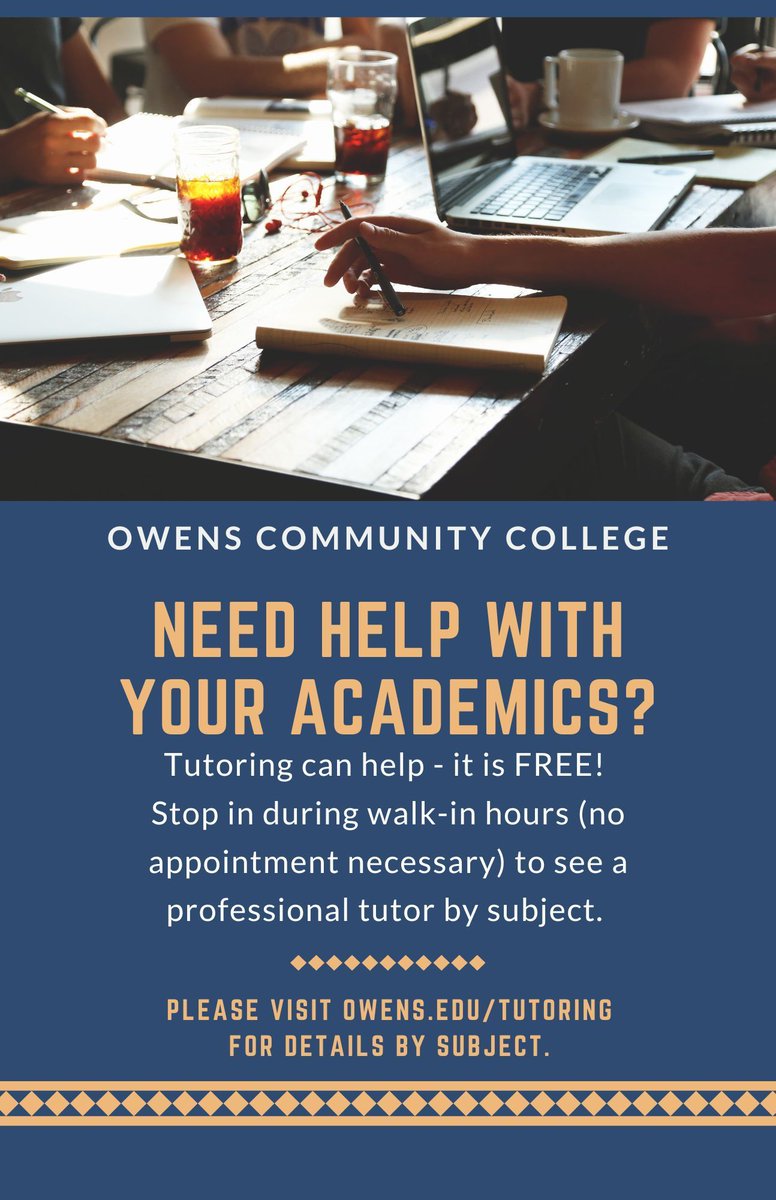 OwensCCLibrary's tweet photo. The semester is almost over - finish strong - come to tutoring! https://t.co/bDZPCMTXo7