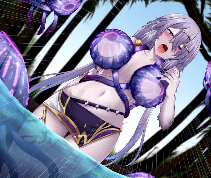 Skebにて、リラさんが水浴び中にクラゲ型の魔物に襲われてしまい、母乳を吸われながら絶頂してしまうシチュを描かせて頂きました! 