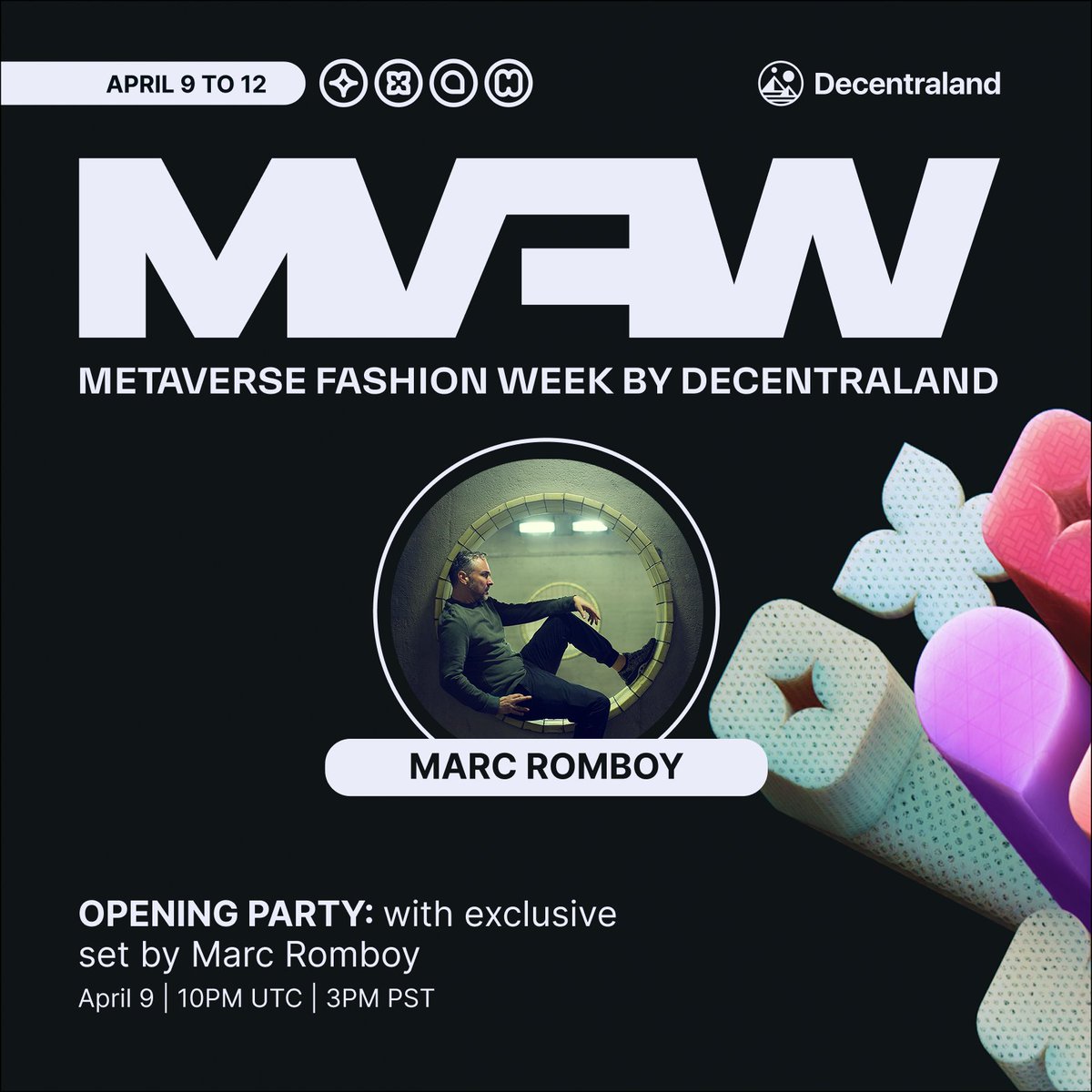 decentraland's tweet photo. It begins 🔥

Metaverse Fashion Week kicks off today! 

Here's what's going down on Day 1 ✨ https://t.co/ArKc1o1O12